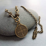 Antique Brass Rolo Chain, bronze St Benedict medal coin, Christian charm, front clasp necklace, vade retro satana protection cross pendant