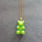 Lime Green Gummy Bear Necklace, green candy bear charm, candy necklace, dainty gold chain, little gummy bear gift, small bear pendant, treat