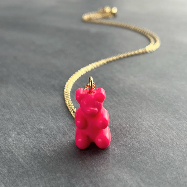 Hot Pink Gummy Bear Necklace, pink candy bear charm, candy necklace, dainty gold chain, little gummy bear gift, small bear pendant, treat