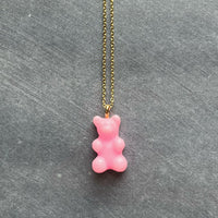 Bubblegum Pink Gummy Bear Necklace, pink candy bear charm, small candy necklace, dainty gold chain, little baby pink gummy bear pendant gift