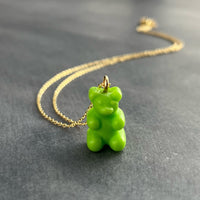 Yellow Gummy Bear Necklace, lemon yellow candy bear charm, gold chain, small little bear pendant, light opaque yellow bear, girls fun gift