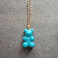 Yellow Gummy Bear Necklace, lemon yellow candy bear charm, gold chain, small little bear pendant, light opaque yellow bear, girls fun gift