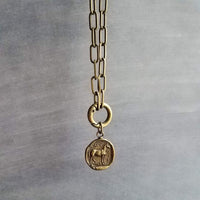 Antique Brass Thick Chain, replica coin horse pendant charm, antique bronze chunky link necklace, big round front clasp, birthday girl gift