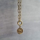 Antique Brass Thick Chain, replica coin horse pendant charm, antique bronze chunky link necklace, big round front clasp, birthday girl gift