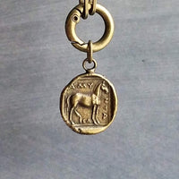 Antique Brass Thick Chain, replica coin horse pendant charm, antique bronze chunky link necklace, big round front clasp, birthday girl gift