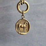 Antique Brass Thick Chain, replica coin horse pendant charm, antique bronze chunky link necklace, big round front clasp, birthday girl gift