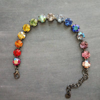 Happiness Bracelet, rainbow colors bracelet, large crystal bracelet, gunmetal chain, ROYGBIV crystal, chunky chain, happy cheer gift girls