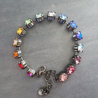 Happiness Bracelet, rainbow colors bracelet, large crystal bracelet, gunmetal chain, ROYGBIV crystal, chunky chain, happy cheer gift girls