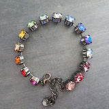 Happiness Bracelet, rainbow colors bracelet, large crystal bracelet, gunmetal chain, ROYGBIV crystal, chunky chain, happy cheer gift girls
