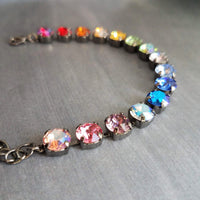 Happiness Bracelet, rainbow colors bracelet, large crystal bracelet, gunmetal chain, ROYGBIV crystal, chunky chain, happy cheer gift girls
