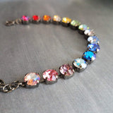Happiness Bracelet, rainbow colors bracelet, large crystal bracelet, gunmetal chain, ROYGBIV crystal, chunky chain, happy cheer gift girls