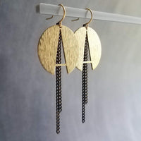 Gold Round Black Chain Earrings, black gold curb chain, brass semicircle, A shape earring, gold textured circle modern brass dangle 2.5 inch