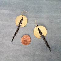 Gold Round Black Chain Earrings, black gold curb chain, brass semicircle, A shape earring, gold textured circle modern brass dangle 2.5 inch