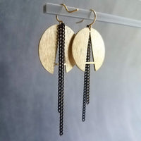 Gold Round Black Chain Earrings, black gold curb chain, brass semicircle, A shape earring, gold textured circle modern brass dangle 2.5 inch