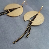 Gold Round Black Chain Earrings, black gold curb chain, brass semicircle, A shape earring, gold textured circle modern brass dangle 2.5 inch