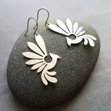 Hammered Silver Bird Earrings, pewter style earring, antique silver rising mythical Phoenix earrings, small silver huggie hoops, curved