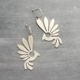 Silver Phoenix Bird Earrings, pewter finish earring, antique silver bird earrings, mythical creature, large lightweight birds, rising bird