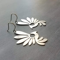Silver Phoenix Bird Earrings, pewter finish earring, antique silver bird earrings, mythical creature, large lightweight birds, rising bird