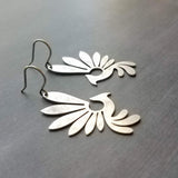 Silver Phoenix Bird Earrings, pewter finish earring, antique silver bird earrings, mythical creature, large lightweight birds, rising bird