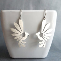 Silver Phoenix Bird Earrings, pewter finish earring, antique silver bird earrings, mythical creature, large lightweight birds, rising bird