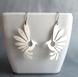 Silver Phoenix Bird Earrings, pewter finish earring, antique silver bird earrings, mythical creature, large lightweight birds, rising bird