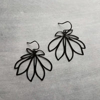 Black Flower Earrings, black dangle earrings, thin earrings, cut out earrings, flower outline, lightweight black earring, glossy black