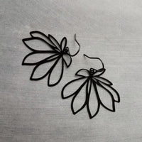 Black Flower Earrings, black dangle earrings, thin earrings, cut out earrings, flower outline, lightweight black earring, glossy black