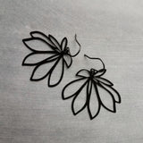 Black Flower Earrings, black dangle earrings, thin earrings, cut out earrings, flower outline, lightweight black earring, glossy black