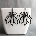 Black Flower Earrings, black dangle earrings, thin earrings, cut out earrings, flower outline, lightweight black earring, glossy black