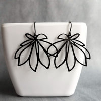 Black Flower Earrings, black dangle earrings, thin earrings, cut out earrings, flower outline, lightweight black earring, glossy black