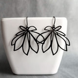Black Flower Earrings, black dangle earrings, thin earrings, cut out earrings, flower outline, lightweight black earring, glossy black