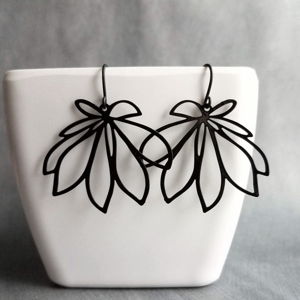 Black Flower Earrings, black dangle earrings, thin earrings, cut out earrings, flower outline, lightweight black earring, glossy black
