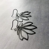 Black Flower Earrings, black dangle earrings, thin earrings, cut out earrings, flower outline, lightweight black earring, glossy black