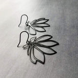 Black Flower Earrings, black dangle earrings, thin earrings, cut out earrings, flower outline, lightweight black earring, glossy black