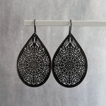 Large Black Teardrop Earrings, black filigree earrings, matte black hooks, large tear drop earring, black drop earring, intricate cut out