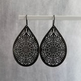 Large Black Teardrop Earrings, black filigree earrings, matte black hooks, large tear drop earring, black drop earring, intricate cut out