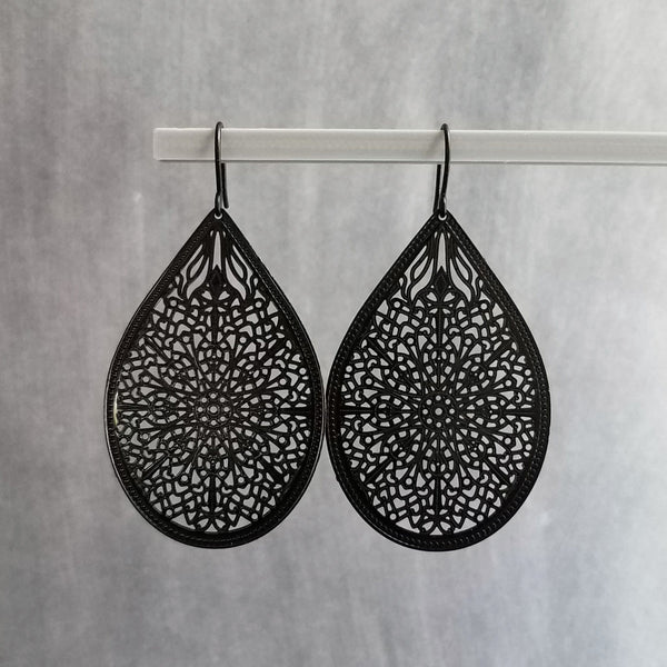 Large Black Teardrop Earrings, black filigree earrings, matte black hooks, large tear drop earring, black drop earring, intricate cut out