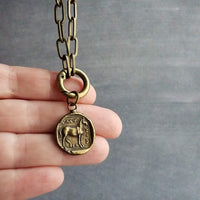 Antique Brass Thick Chain, replica coin horse pendant charm, antique bronze chunky link necklace, big round front clasp, birthday girl gift