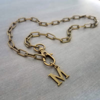 Letter Pendant Antique Brass Chunky Chain, antique bronze oval link necklace, thick lightweight chain, front lobster clip clasp, inital gift