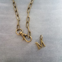 Letter Pendant Antique Brass Chunky Chain, antique bronze oval link necklace, thick lightweight chain, front lobster clip clasp, inital gift