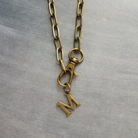 Letter Pendant Antique Brass Chunky Chain, antique bronze oval link necklace, thick lightweight chain, front lobster clip clasp, inital gift