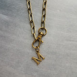 Letter Pendant Antique Brass Chunky Chain, antique bronze oval link necklace, thick lightweight chain, front lobster clip clasp, inital gift