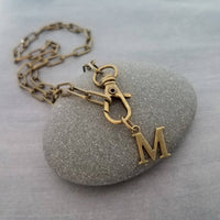 Letter Pendant Antique Brass Chunky Chain, antique bronze oval link necklace, thick lightweight chain, front lobster clip clasp, inital gift