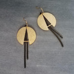 Gold Round Black Chain Earrings, black gold curb chain, brass semicircle, A shape earring, gold textured circle modern brass dangle 2.5 inch
