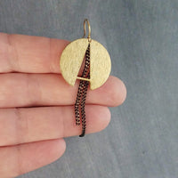 Gold Round Black Chain Earrings, black gold curb chain, brass semicircle, A shape earring, gold textured circle modern brass dangle 2.5 inch