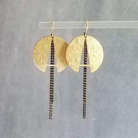 Gold Round Black Chain Earrings, black gold curb chain, brass semicircle, A shape earring, gold textured circle modern brass dangle 2.5 inch