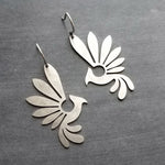 Silver Phoenix Bird Earrings, pewter finish earring, antique silver bird earrings, mythical creature, large lightweight birds, rising bird
