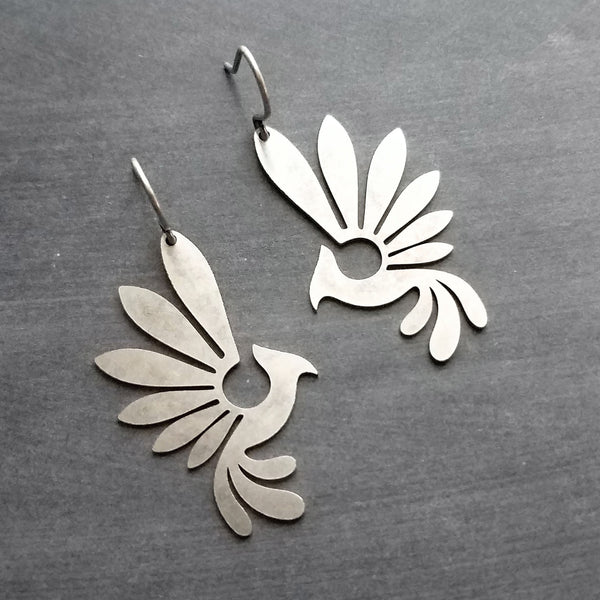 Silver Phoenix Bird Earrings, pewter finish earring, antique silver bird earrings, mythical creature, large lightweight birds, rising bird