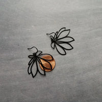Black Flower Earrings, black dangle earrings, thin earrings, cut out earrings, flower outline, lightweight black earring, glossy black