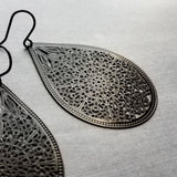 Large Black Teardrop Earrings, black filigree earrings, matte black hooks, large tear drop earring, black drop earring, intricate cut out